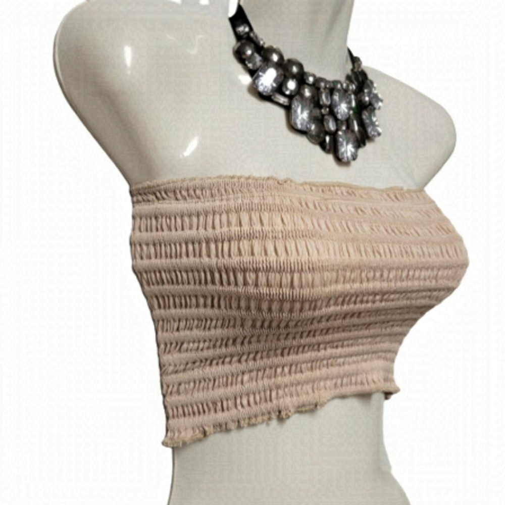 SEXY Beige  Crop Top Strapless Tube Top Smocked Stretchy Summer Bandeau.